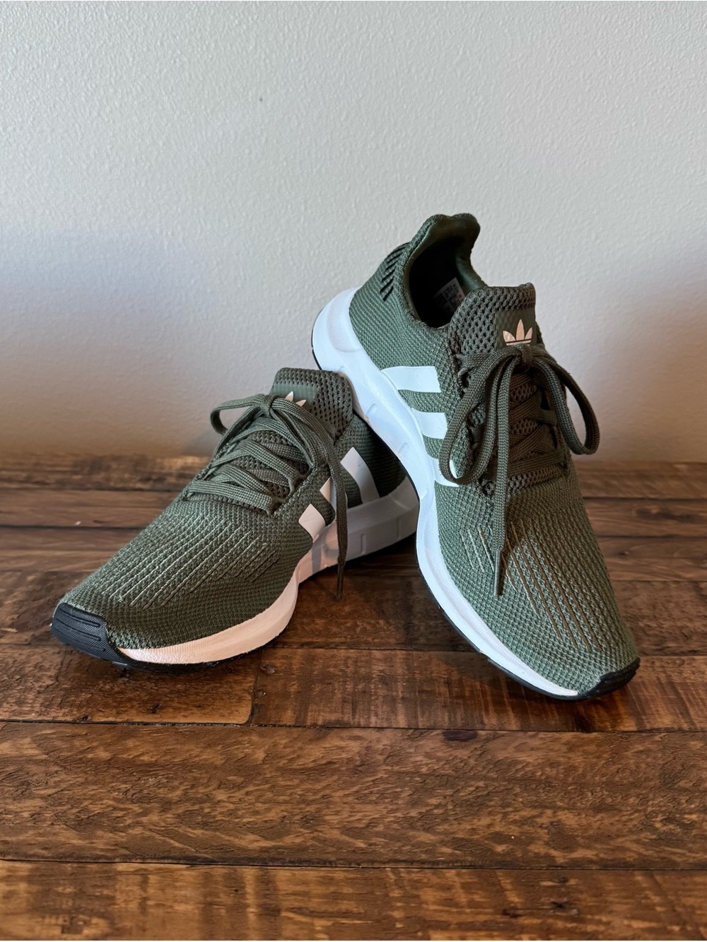 adidas Swift Run Women's Olive Green Knit Athletic Sneakers with White Stripes